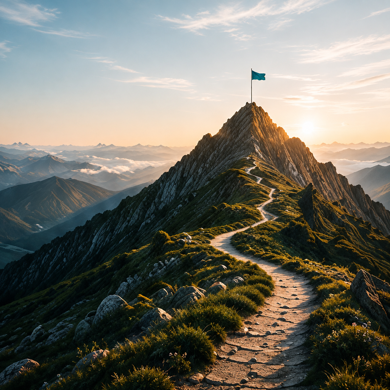 A winding trail leading to a flag at a mountain summit